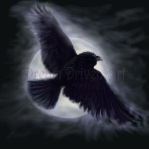 Painting of a Raven flying in the Moonlight
