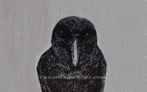 Ink drawing of a crow with gray background 