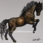 Realistic colored pencil drawing of bay horse rearing. horse rearing up colored pencil drawing
